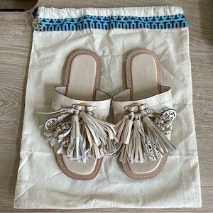 Tory Burch Miller Tassel Slide New Cream Size 6 Leather Neutral Luxury Coastal